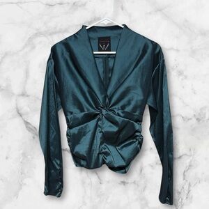 Veronique Young emerald green Satin Blouse long sleeve elegant rouged front 10/M